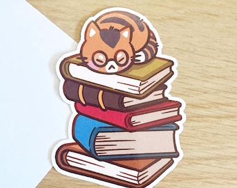 Bücherturm Katze Aufkleber | Schlafende Bibliothekar Brille | Niedliche Die Cut Aufkleber für Laptop, Journal & Wasserflasche