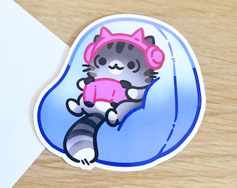 Gamer Katze Aufkleber | Videospiel-Sitzsack | Niedliche Die Cut Aufkleber für Laptop, Journal & Wasserflasche