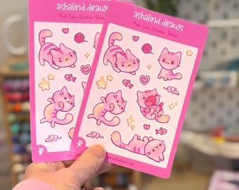 Pink Cats Sticker Sheet | Kawaii Pastel Stickers for Planners