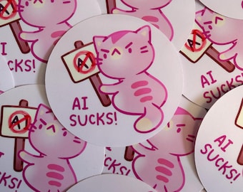Funny Pink Cat Sticker | AI Sucks! Die Cut Vinyl (5-6cm)