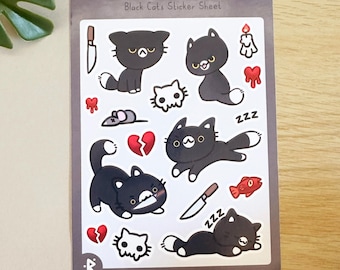 Schwarze Katzen Sticker Blatt | Niedliche Gruselige Katzen Aufkleber für Journals, Planer & Scrapbooks | Gothic Kawaii Aufkleber