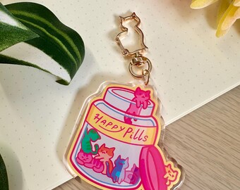 Happy Pills Colourful Cat Medicine Bottle Anti-Depresant Keychain Bag Charm