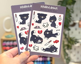 Black Cats Sticker Sheet | Spooky Mischievous Feline Art for Planners, Journals, Scrapbooks