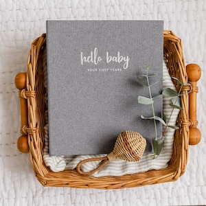 Peachly Baby Memory Book - Photo Keepsake to Record Milestones & Firsts - For Girls Boys Unisex (Grey or Natural  Linen)