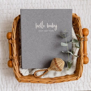 Peachly Baby Memory Book (USA) - Photo Keepsake to Record Milestones & Firsts - For Girls Boys Unisex (Grey or Natural  Linen)