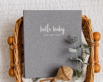 Peachly Baby Memory Book - Photo Keepsake to Record Milestones & Firsts - For Girls Boys Unisex (Grey or Natural  Linen)