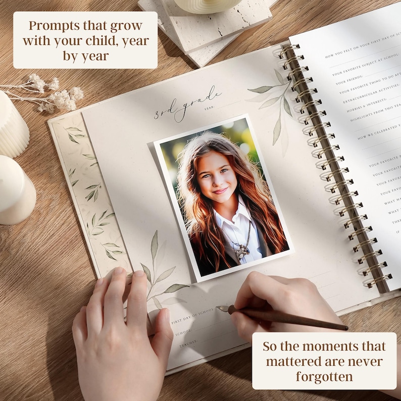 May include: Open journal with a photo of a girl, with text that reads "Prompts that grow with your child, year by year" and "So the moments that mattered are never forgotten". The journal is open to a page with prompts.