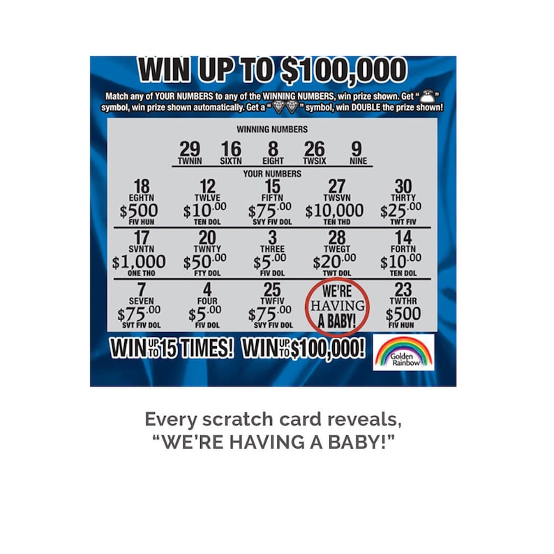 Pu&ograve; includere: Un biglietto della lotteria gratta e vinci con un design colorato. Il biglietto presenta una variet&agrave; di numeri e importi in euro, tra cui un premio massimo di 100.000 &euro;. Il biglietto presenta anche la frase "Stiamo aspettando un bambino!"