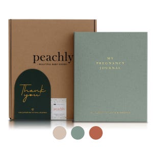 May include: A gift set featuring a kraft paper box with the "peachly" logo, a sage green journal with gold lettering reading "My Pregnancy Journal", and a dark green card that says "Thank you". Includes a small card with the "peachly" logo.