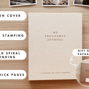 May include: A linen-covered journal with gold spiral binding and gold stamping. The journal is titled "My Pregnancy Journal: A Journey of Love & Growth". It comes in gift-ready packaging.
