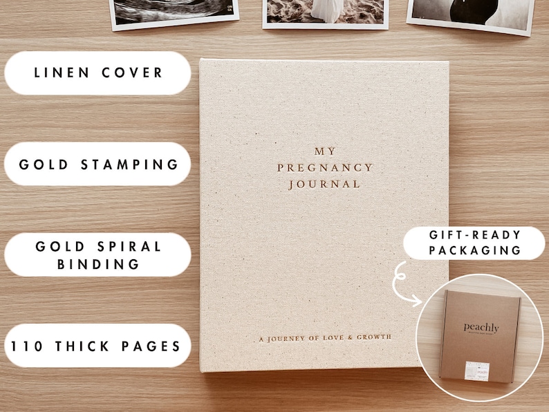 May include: A linen-covered journal with gold spiral binding and gold stamping. The journal is titled "My Pregnancy Journal: A Journey of Love & Growth". It comes in gift-ready packaging.