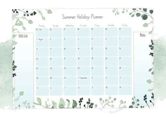 Summer Holiday Planner Printable Summer Holiday Calendar - Etsy