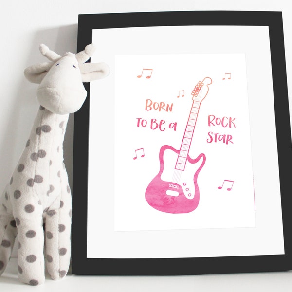 Rock Star print - Download & print yourself -  Guitar print - Childrens Music print - Pink and Orange nursery print