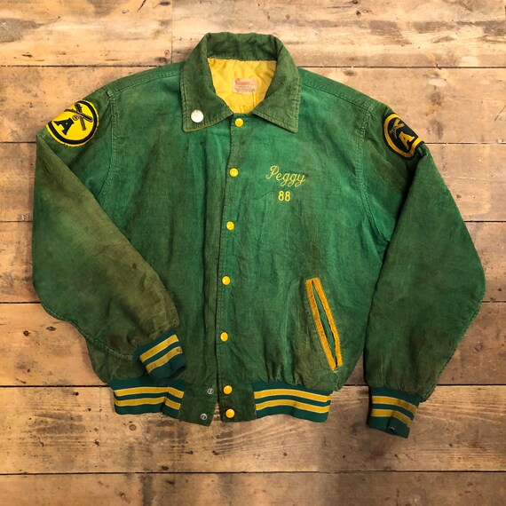 Vintage 1950s 1960s Green Corduroy Varsity Bomber