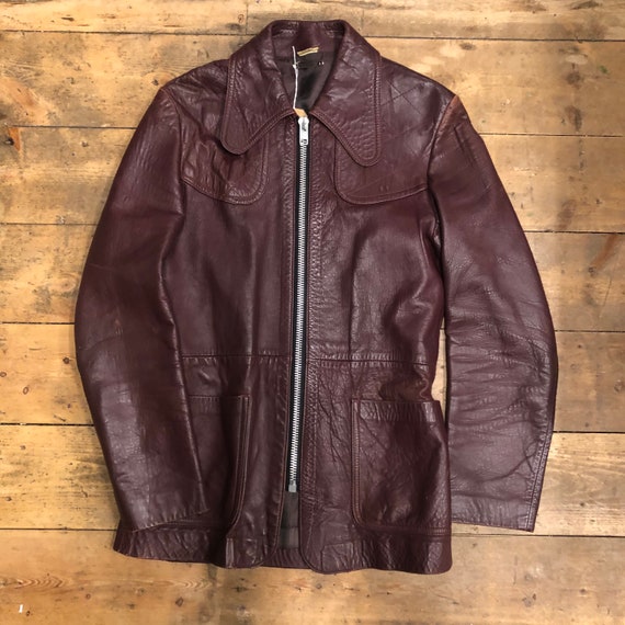 Vintage 1960s 1970s Maroon Leather Jacket Coat
