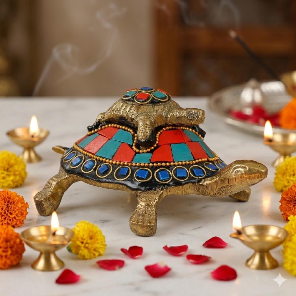 Brass Tortoise Multicolor Stone Vastu Feng Shui Turtle Decor for
