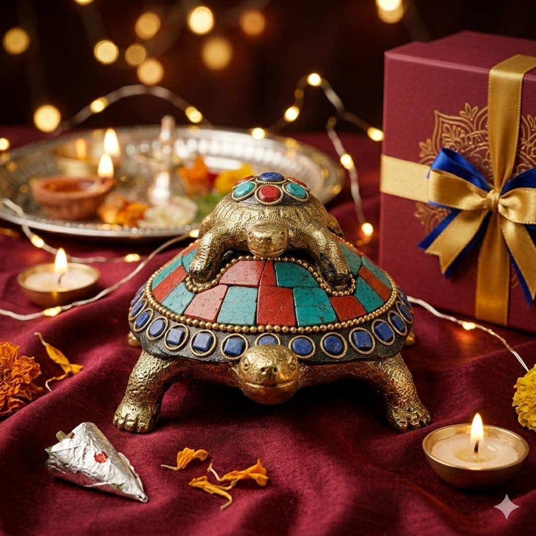 Brass Tortoise Multicolor Stone Vastu Feng Shui Turtle Decor for