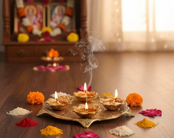 Golden Metal Pooja Thali Set: Diwali Home Decor, Religious Plate