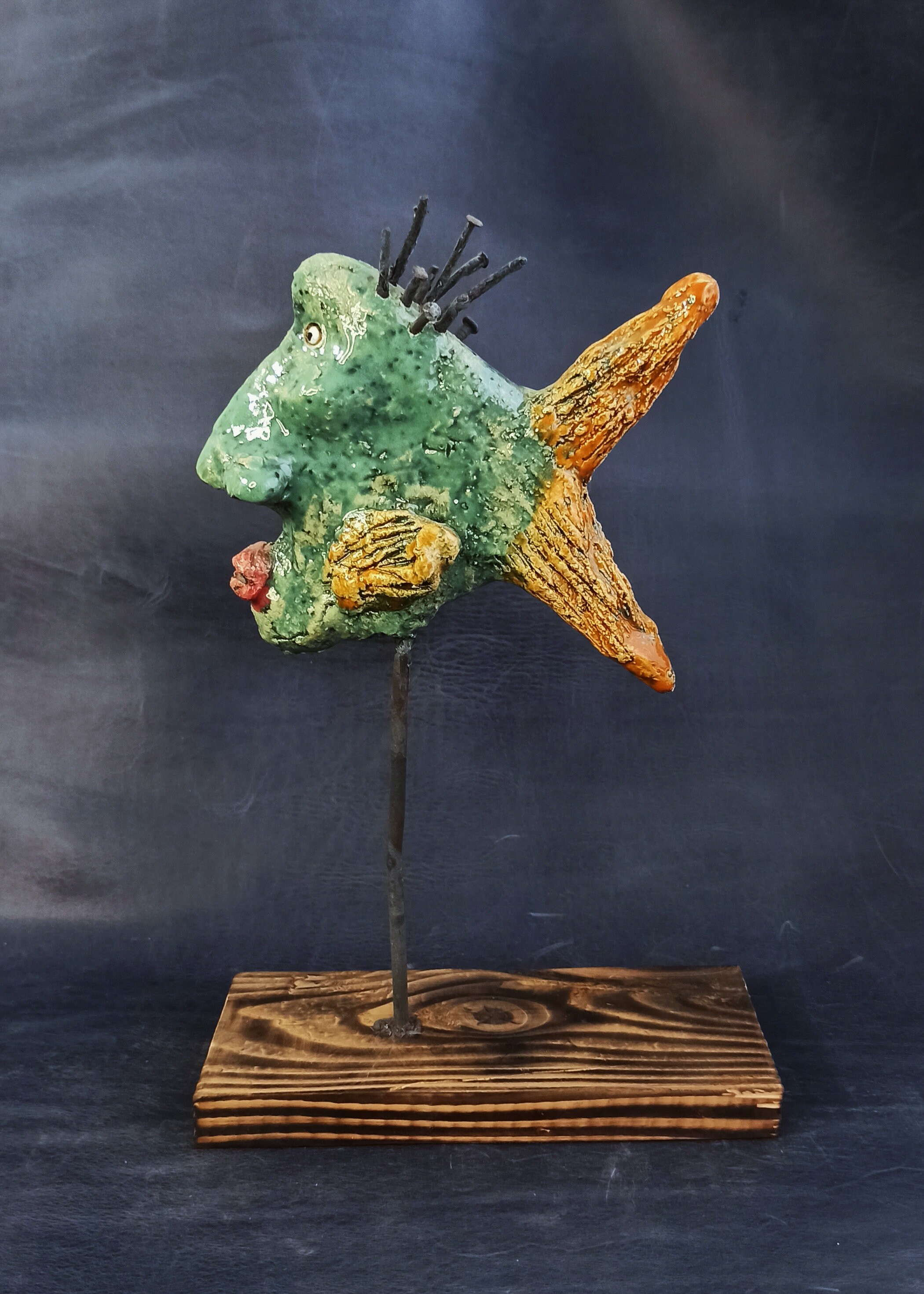 Ceramic Fish Sculpture Wood Stand Figurine Pottery Fish Home Etsy