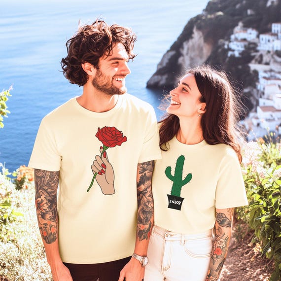 Cute Couple T-Shirts – Rose And Cactus Graphic Tees – Matching Summer Outfits for Him & Her - Perfect Gift For Everyday Wear
