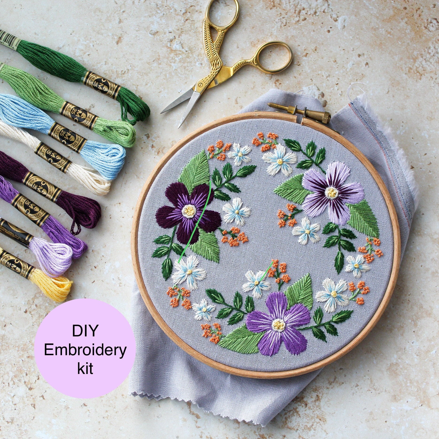 6 Purple Floral Wall Decor Embroidery Kit for Beginners. Beautiful Blue &  Rose Embroidery Flowers Embroidery Flowers Hoop Kit FF1 