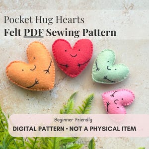 Può includere: Quattro ornamenti a forma di cuore in feltro arancione, rosso, verde e rosa, ciascuno con facce e braccia ricamate. Il testo "Pocket Hug Hearts Felt PDF Sewing Pattern" è in alto, con "Beginner Friendly" e "DIGITAL PATTERN • NOT A PHYSICAL ITEM" sotto.