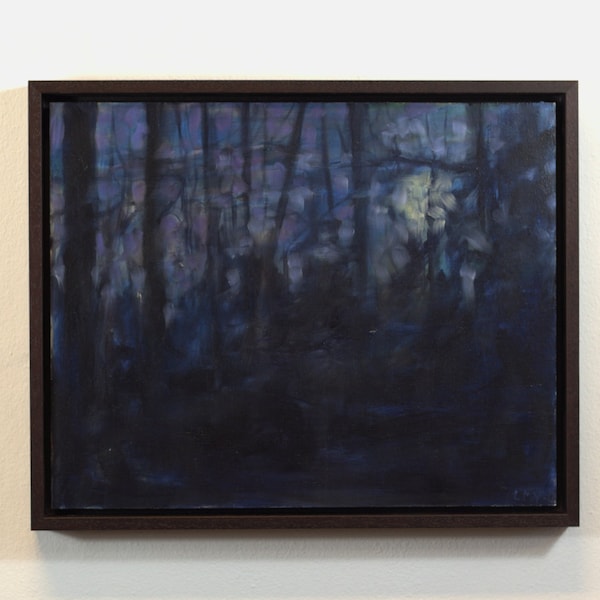 Moonlight, trees and a blue purple nighttime glow Oil painting
