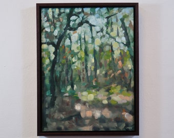 Lumière qui brille à travers la forêt en automne - peinture à l'huile sur bois