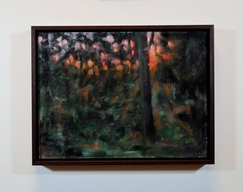 Orange sunset in a dense forest Oil painting on wood Contemporary landscape Evening light