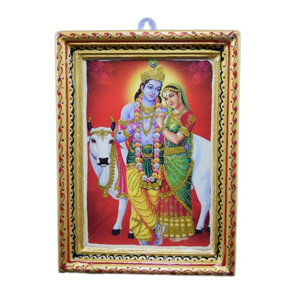 Decorative Hand Painted Beautiful Wood Frame Indian God Print Gift - Religious God Krishna Radha Print - Prayer Room Decorative Print i53-19