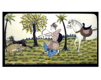 Old Indian Vintage Unique Painting Decorative - Fine Hand Painted Horse Riding With Hunting Scene -Miniature Horse Riding Painting i54-96