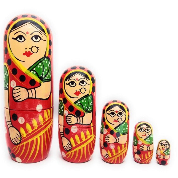 Ensemble de 5 poupées rouges mignonnes en bois peintes à la main Mignonne indienne Matryoshka - Poupée décorative en bois décorative de collection - Décor de table i71-317