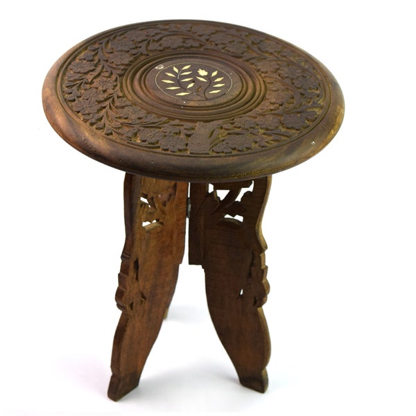 Luxurious Wooden Telephone Stand Vintage Folding Table - Boho Wood Carved Table - inlay tabletop intricate ethnic design Plant Stand i71-237