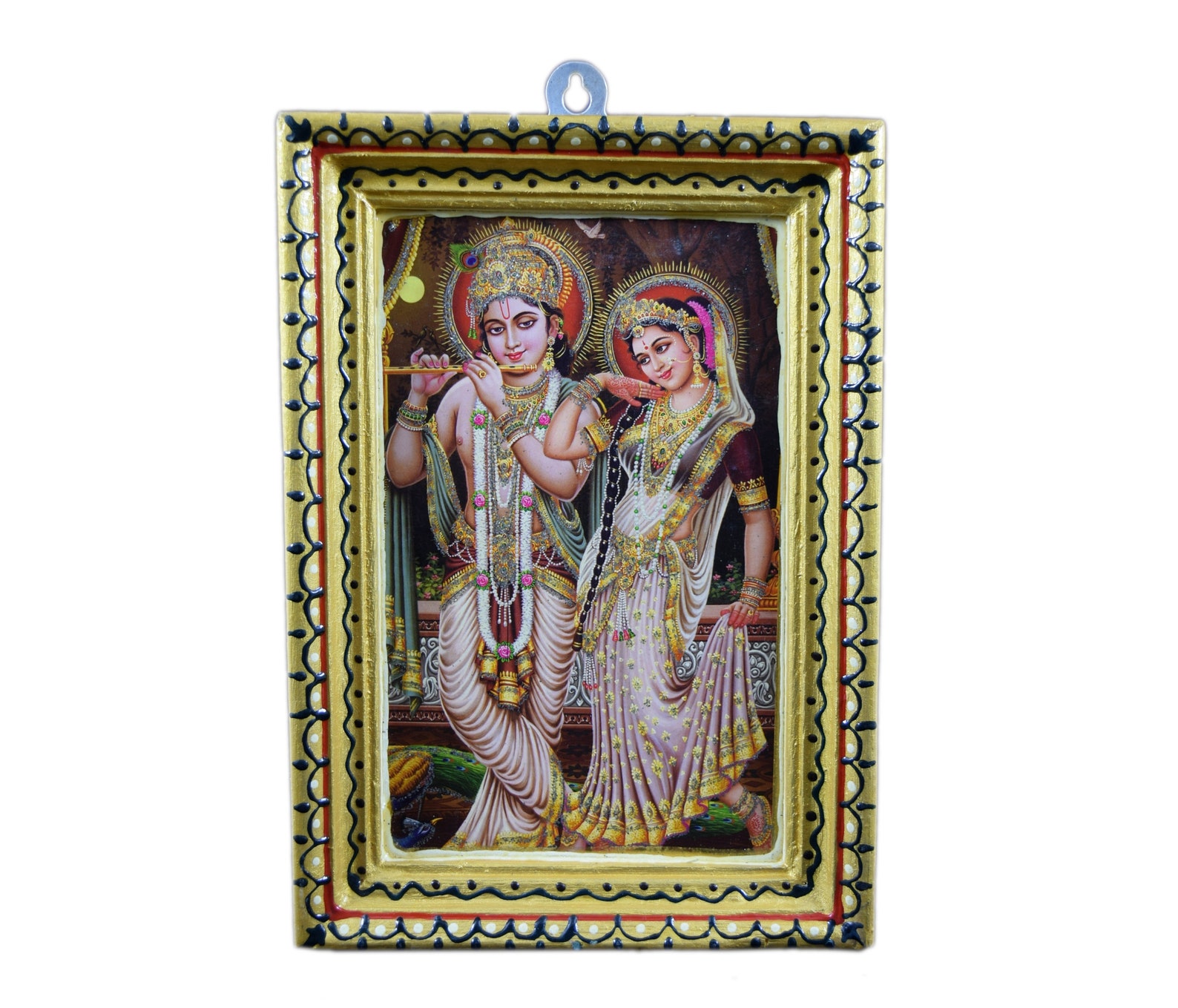 Nice Indian God Hand Painted Wood Frame Print Decorative Gift Religious God Krishna Radha Prayer