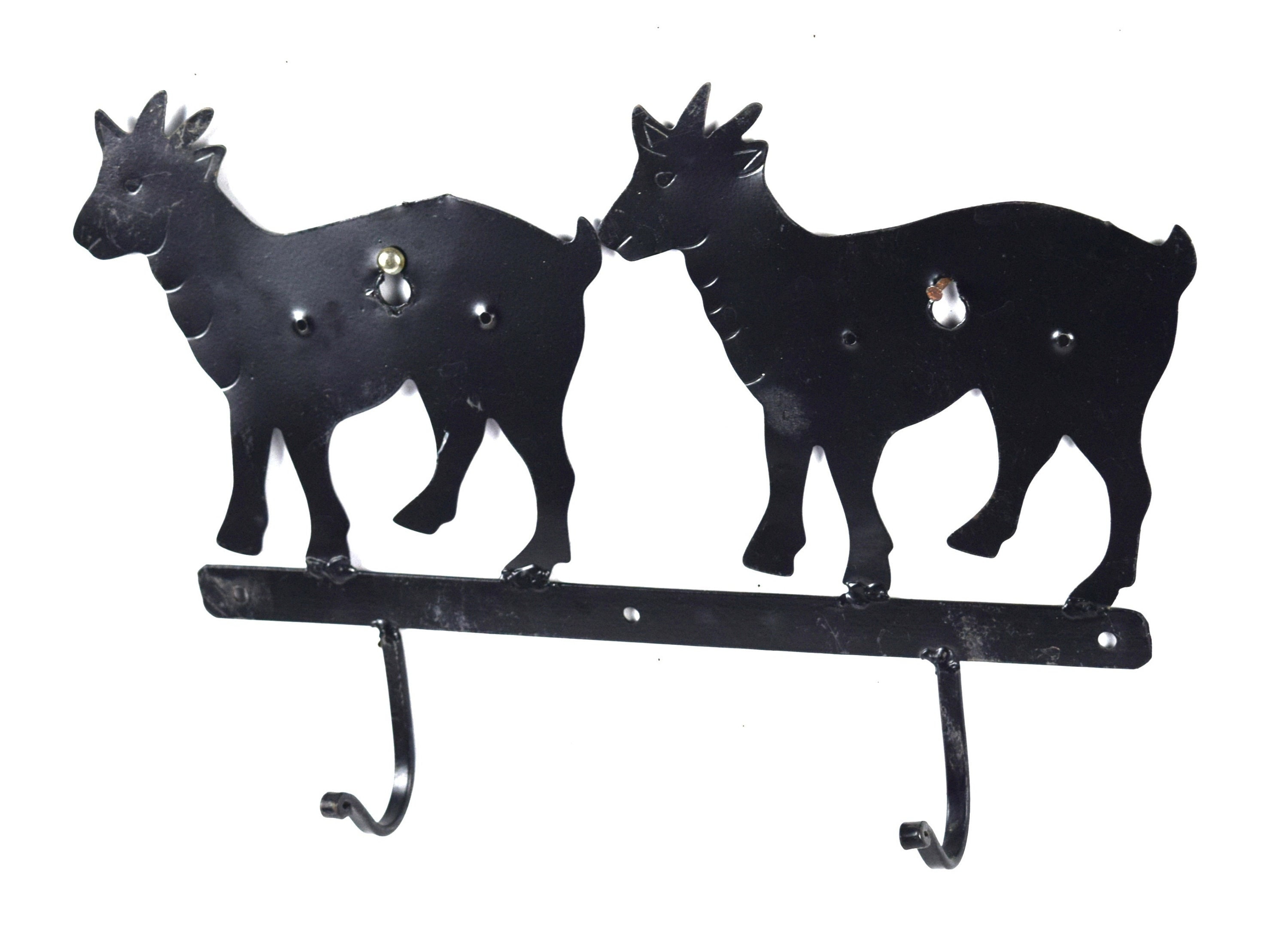Handmade Iron Goat Figurative Wall Hanger With 2 Hooks Animal