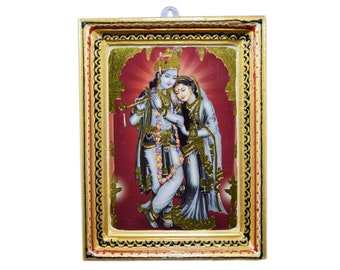 Beautiful Hand Painted Wood Frame Indian God Decorative Print Gift - Home Decor Wall Hanging God Krishna Radha Print -Religious Print i53-17