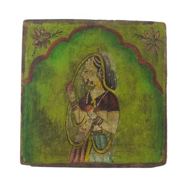 Handmade Wooden Hand Painted Rajasthani Woman Painting – Antique Home Decor Painting - Wooden Furniture / Office/ Table Decor Block i71-790