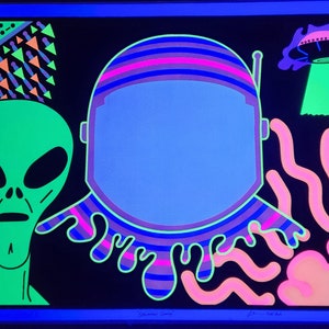 May include: A black background with a green alien, a blue astronaut helmet, a pink and green UFO, and pink and orange wavy lines. The astronaut helmet has a blue, pink, and purple striped design.