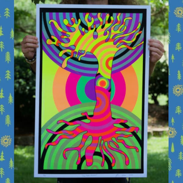 Affiche arbre de vie lumière noire en édition limitée arbre psychédélique/hippie/sérigraphie/art visuel/art abstrait/hippie/ciel géométrique de la terre