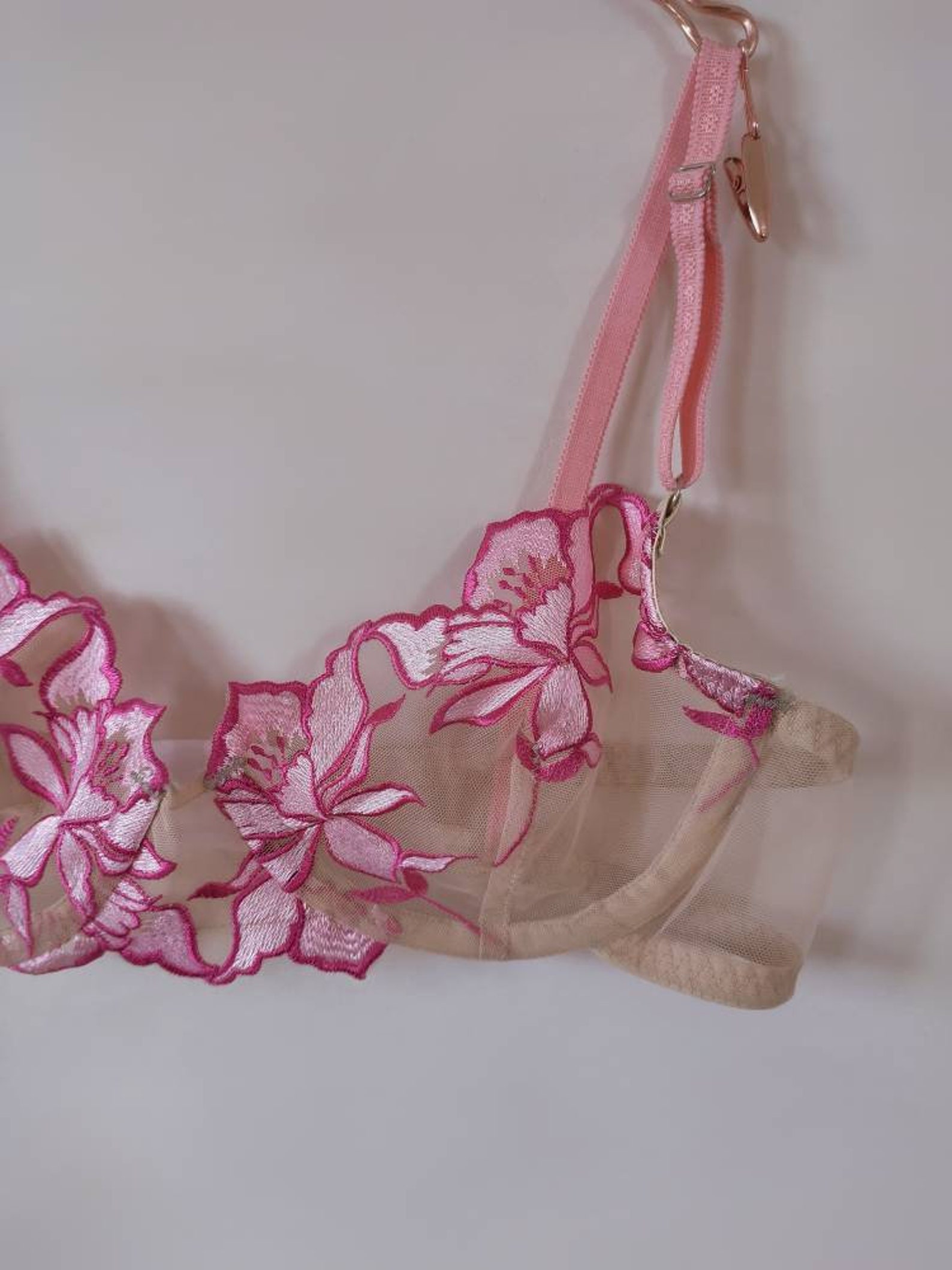Pink Neon Lingerie Set With Flowers Classic Bra And Thongs Etsy 