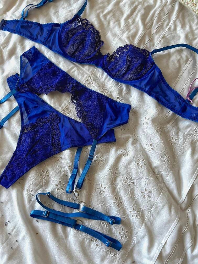 Blue Lingerie Blue Lingerie Plus Size Lingerie Embroidered Bra Lace  Lingerie Custom Bra Electric Blue Luxury Lingerie 