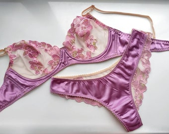 Pink Silk Floral Lingerie, Custom Bra, Brazilian Panties