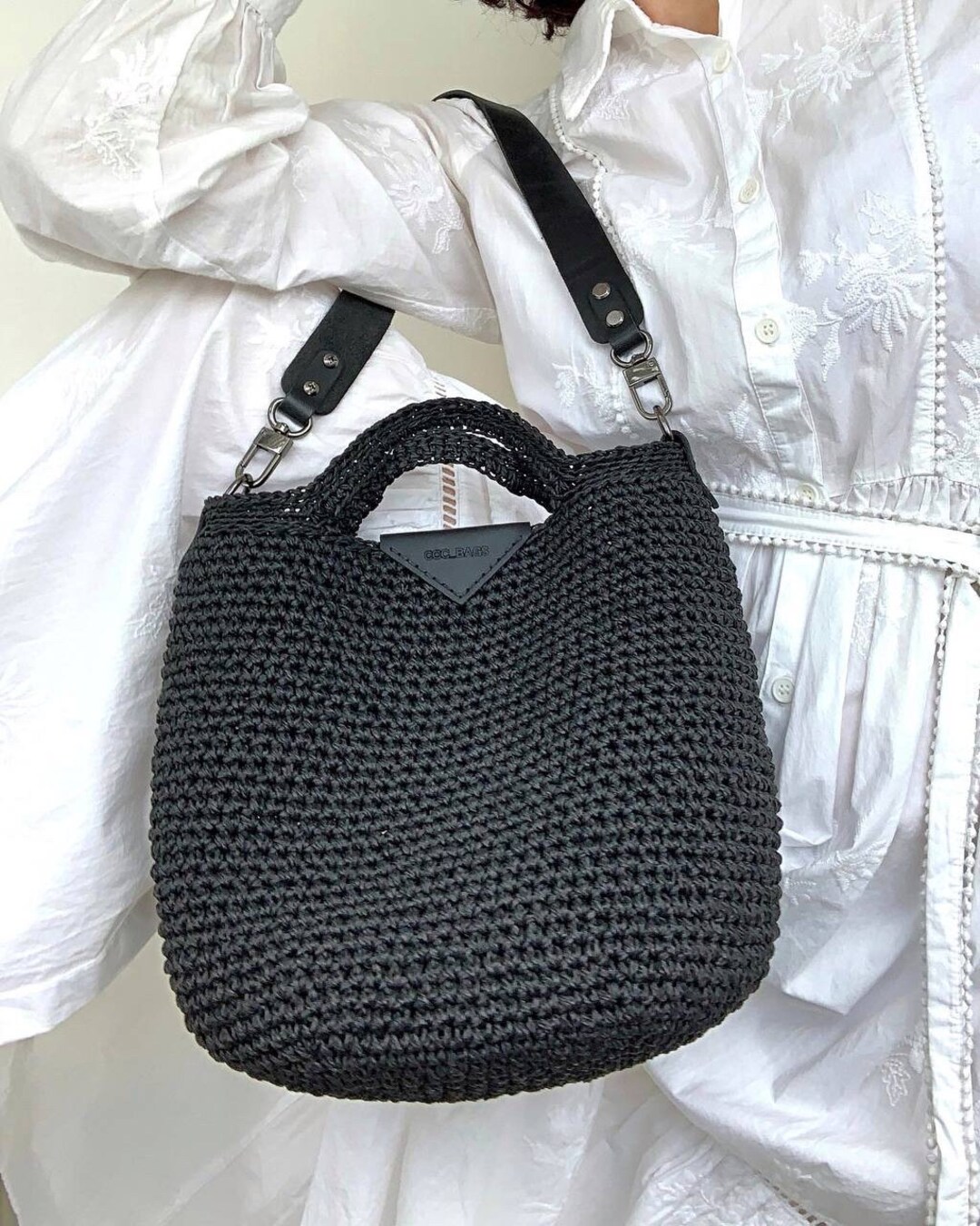 Crochet Black Raffia Bag. Medium Straw Casual Bag - Etsy