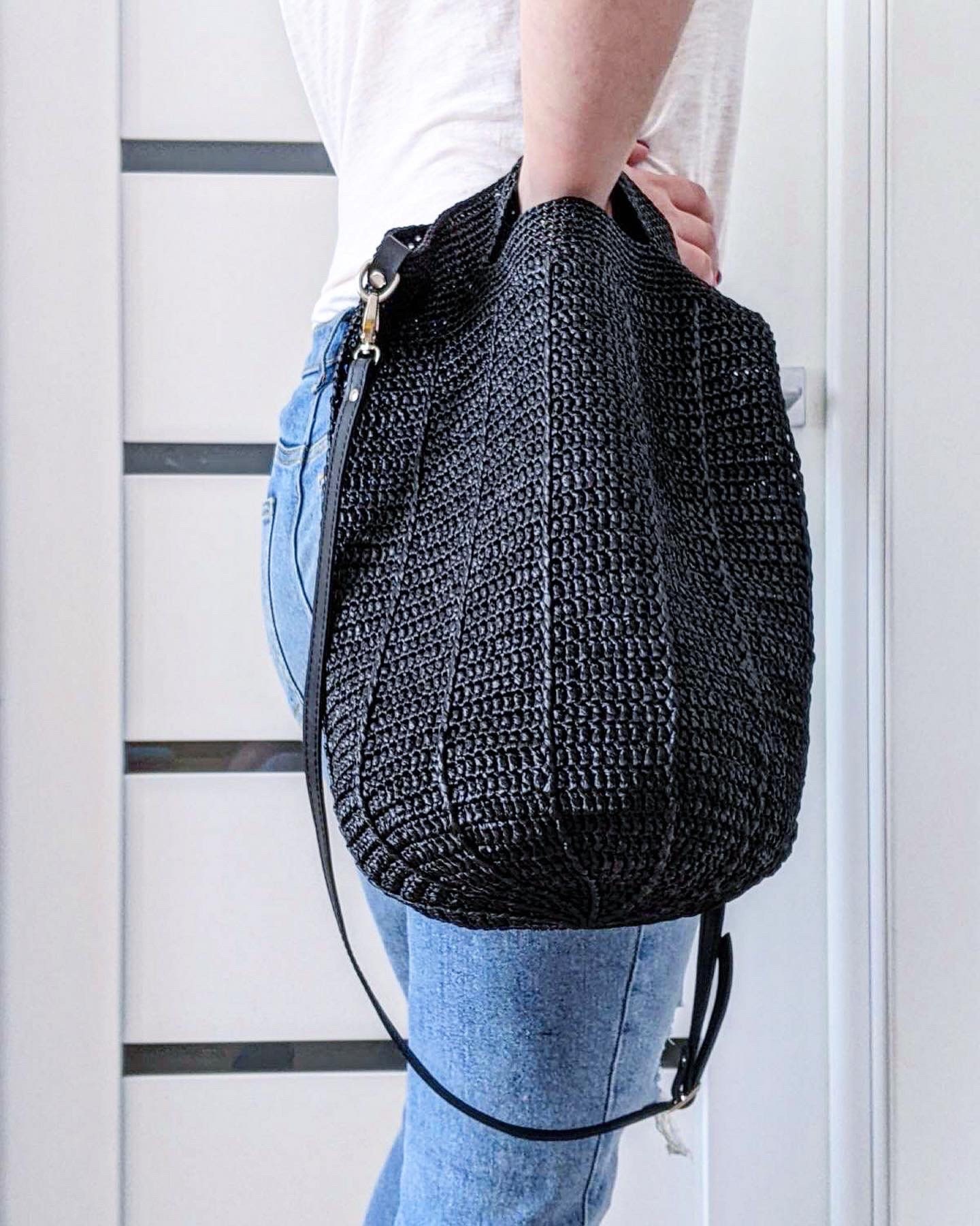 Crochet Black Raffia Bag. Large Straw Beach Bag 