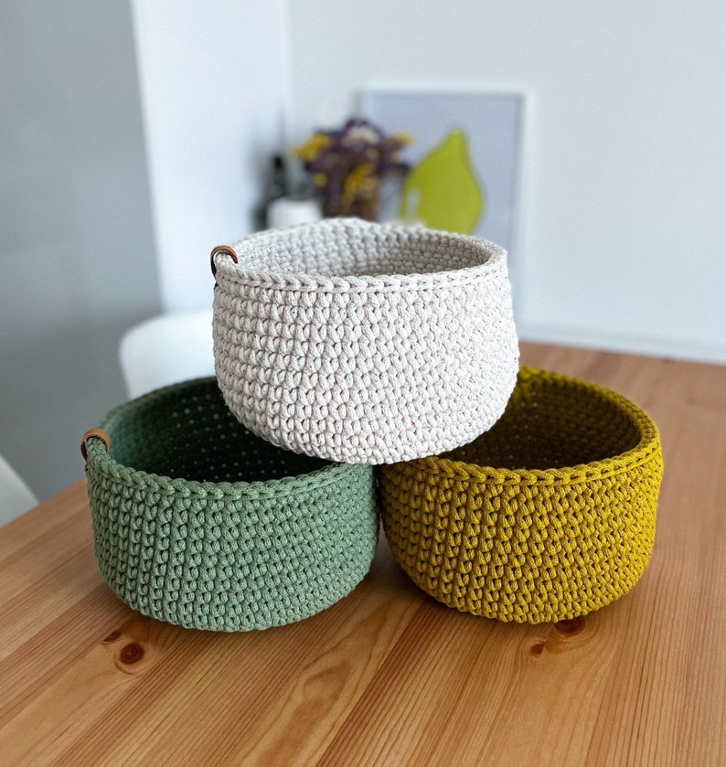 Crochet home decor basket. Eco friendly home storage organizer Beige+color fibers