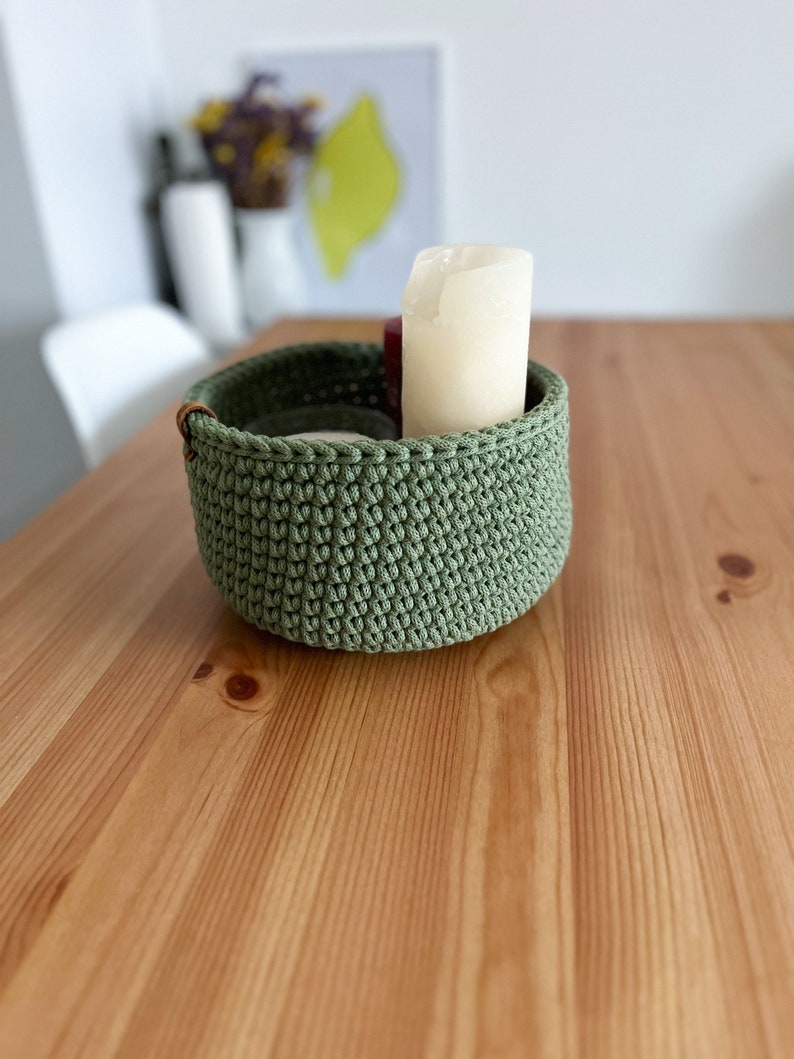 Crochet home decor basket. Eco friendly home storage organizer Eucalyptus green