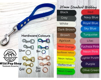May include: A blue 20mm wide dog leash with a silver hook. The leash is made of webbing and has a smooth, matte finish. The image also shows a variety of hardware colors available for the leash, including silver, neo, rose gold, and gold.