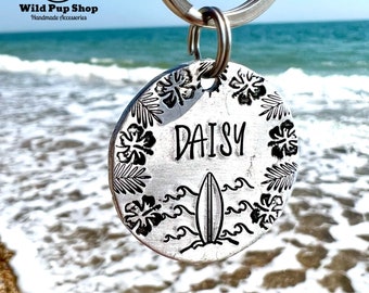 Hawaiian Surf • Personalised custom Beach Sea hibiscus ocean surf board SUP Stand up paddle Hand stamped metal Dog ID tag Keyring Keychain