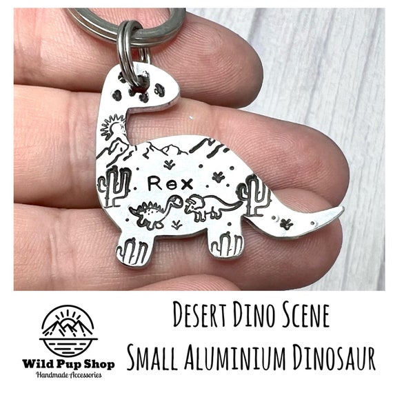 Dinosaur Desert Scene • personalised, cactus, succulent, Dino, mountain, mountains, Hand stamped, Dog ID tag dogtag, Keyring Keychain