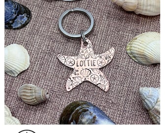 Starfish Wishes • personalised, beach nautical boat ocean sea star shells shell cockle  ,Hand stamped, Dog ID tag dogtag, Keyring Keychain